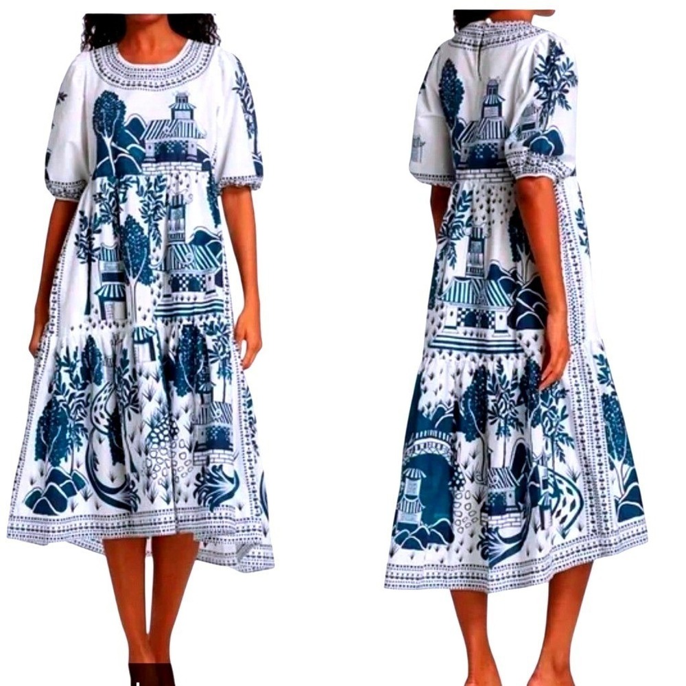 Farm Rio NWT Ancient Garden toile Pagoda Tiered Midi Dress SZSM White Blue Puff - Picture 3 of 14